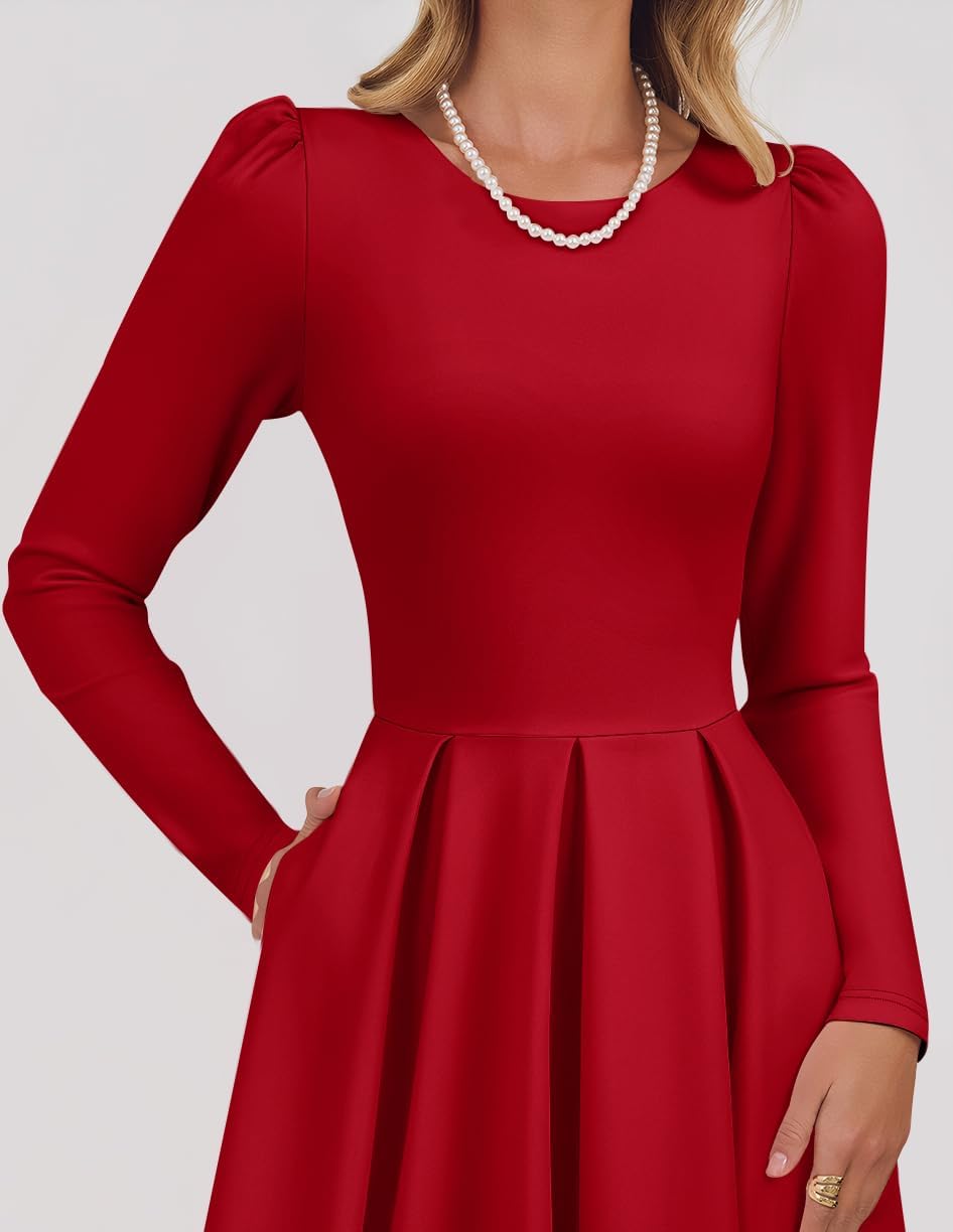 ZESICA Women's Long Sleeve Midi Dresses 2026 Spring Elegant Crewneck Swing A Line Wedding Guest Party Dress with Pockets - Image 4