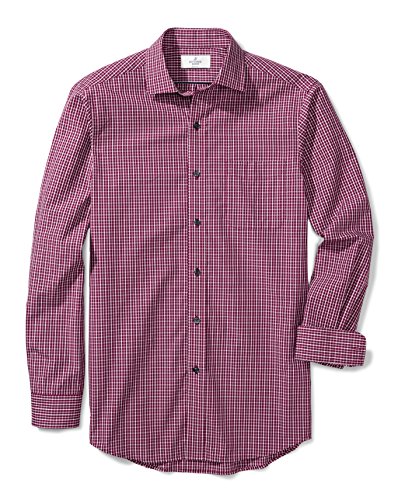BUTTONED DOWN Men's Classic Fit Supima Cotton Spread-Collar Pattern Non-Iron Dress Shirt, Burgundy Plaid, M 34/35