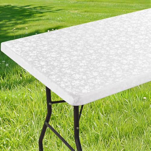 Image of Smiry Heavy Duty Vinyl Fitted Tablecloths for 5 Foot Rectangle Tables | Elastic Waterproof Fitted Tablecloths, Wipeable Washable Table Cover for Kitchen, Dining, Camping (White, 30 inch x 60 inch)