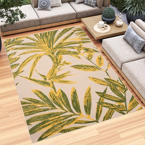 TAPISO Patio Teppich Flachgewebe Indoor Outdoor Creme Grün Gelb Blätter Robust Sisaloptik...