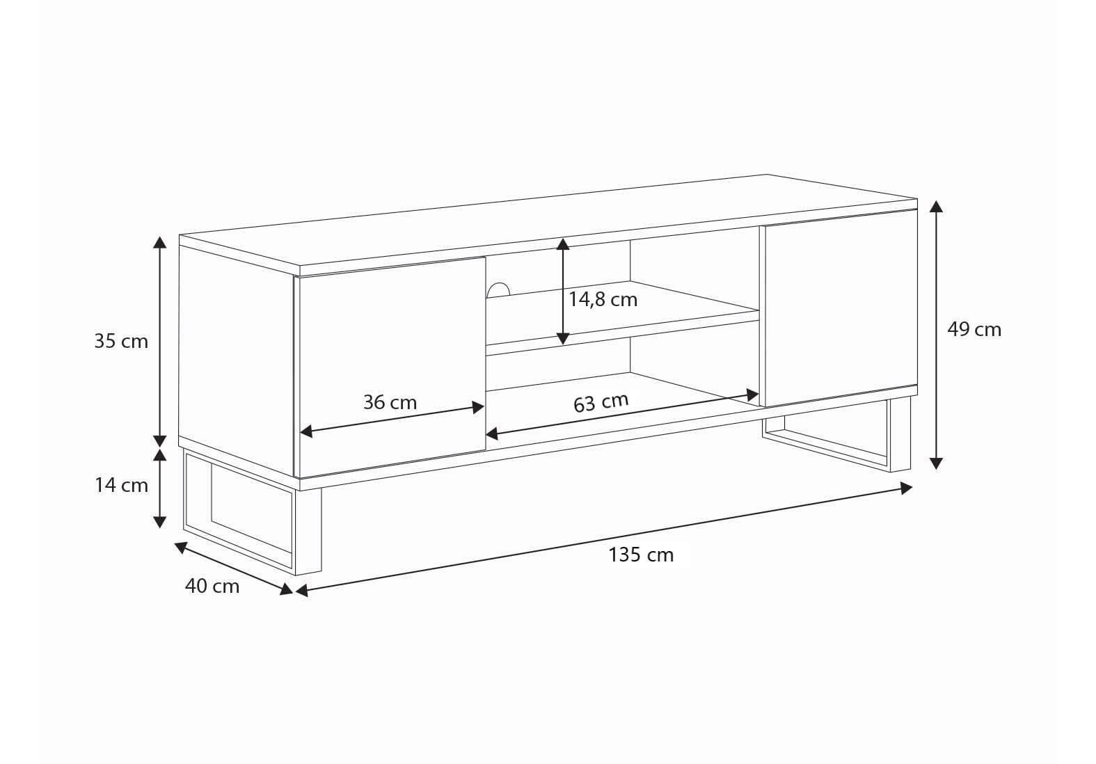 Kobi Meuble TV Focus chêne doré, 135x49x40, décor Chevron Noir, Meuble TV, loft, Pieds métal Noir