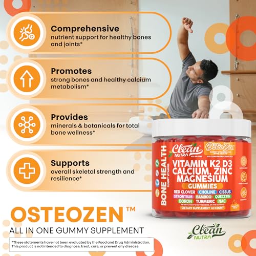 Osteo Zen Vitamin D3 K2 Gummies Bone Support Magnesium Zinc Calcium Quercetin Boron Choline Red Clover Turmeric 60 Count Tangerine Tang Flavor for Skeletal Strength & Resilience by Clean Nutra - Image 6