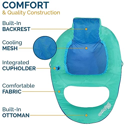 Image of SwimWays Spring Float Recliner Chair for Swimming Pool, Inflatable Pool Floats Adult with Fast Inflation, Cup Holder & Foot Rest for Ages 15 & Up, Aqua