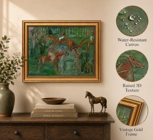 Image of Gold Framed 3D Textured Wall Art, Vintage Horse Racing Day Canvas Prints, Classic Abstract Equestrian Race Pictures Decor, English Country Jockey Gallery Artwork for Living Room Office Study 9x11in