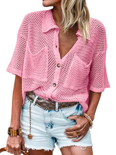 Image of Fisoew Womens Crochet Lightweight Cardigan Sweaters Short Sleeve Summer Button Down Collared Loose Cover Up Shirts