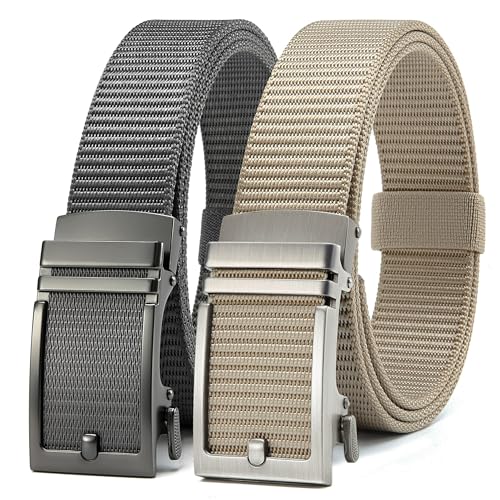 Image of CHAOREN Grey and Khaki Ratchet Belts for Men 2 Pack - Casual Web Nylon Mens Belt 1 3 /8 inch - Automatic Adjustable Buckle Fit Jeans