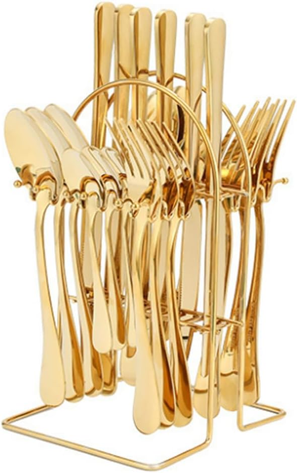 24 Pieces Tableware Set with Holding Stand, Stainless Steel Cutlery Set Flatware Utensils Including Steak Knife/Fork/Spoon (Gold)