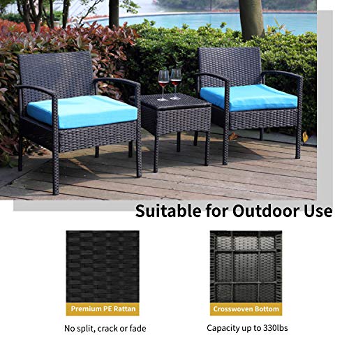 Leasbar Outdoor Chairs Set Bistro Set 3 Pieces Patio Conversation Set Furniture Set For Small Balcony Rattan Chairs And Table With Cushions Blue #TOP3