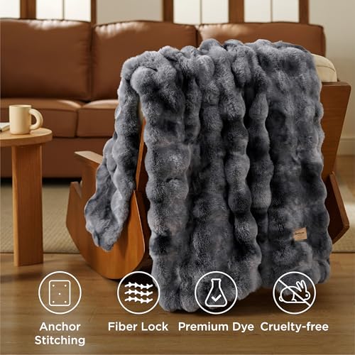 Bedsure GentleSoft Fluffy Faux Fur Blanket Twin Size, Fuzzy Soft Bubble Blanket for Couch, Faux Fur Decor for Home Bedroom Living Room, Thick Furry Cozy Gifts for Women, Tie-dye Grey, 60x80 Inch