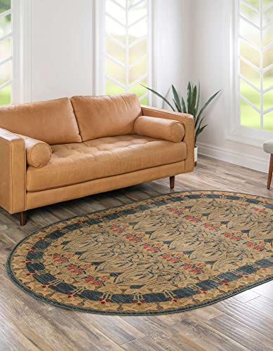 Image of Unique Loom Edinburgh Collection Area Rug - Canmore (5' 3 inch x 8' Oval, Navy Blue / Tan)