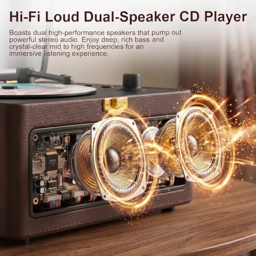 Image of Gueray CD Player Portable Bluetooth: Retro CD Players with Speakers Vintage CD-Player 3600mAh Rechargeable & Radio & Remote Control Support USB /AUX Playback Headphone Jack (Brown)