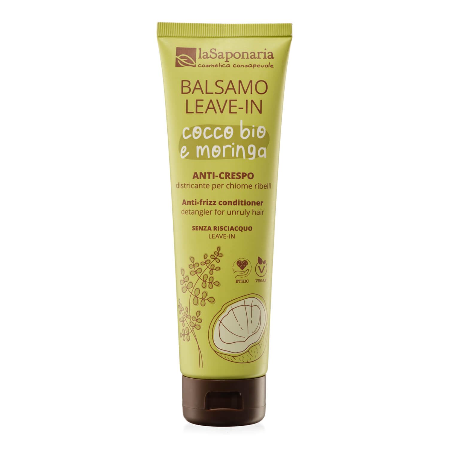 La Saponaria | Balsamo capelli leave-​in Anti-​crespo, Formula potenziata, Districante per chiome ribelli con Cocco bio e Moringa, Adatto a tutte le chiome, Contrasta il crespo e dona morbidezza