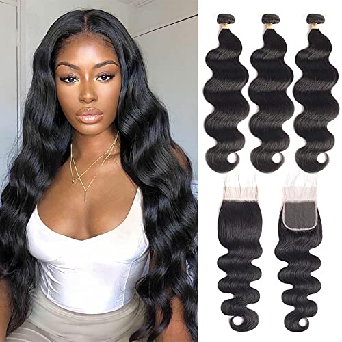 Doheroine 3 Bundles with Closure Human Hair Body Wave 22 24 26 + 20 Free Part 4x4 Glueless Lace Front 100% Brazilian Unprocessed Virgin Human Hair Natural Color Weave Extensions