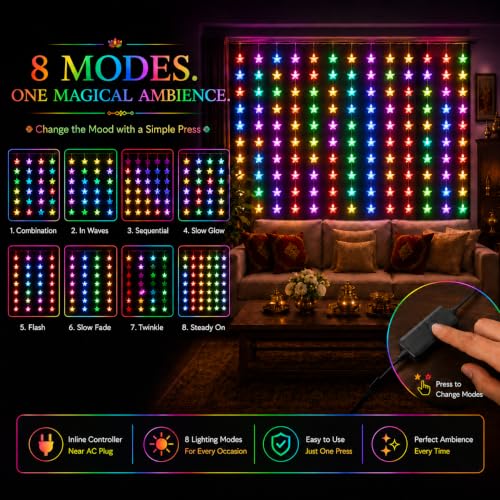 Image of Gesto Star Curtain Fairy Lights for Decoration - 80 Led String Lights with 8 Modes Changer | Multicolor Decorative Lights for Home Decor, Room,Wall, Balcony, Christmas & Diwali Decoration- 10x3 Ft
