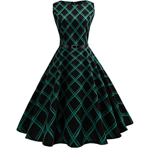 Women Dress Daoroka Ladies Plaid Retro Vintage Sleeveless Cocktail Party Swing Pleated Skirt Casual O-Neck Dress (L, Green)