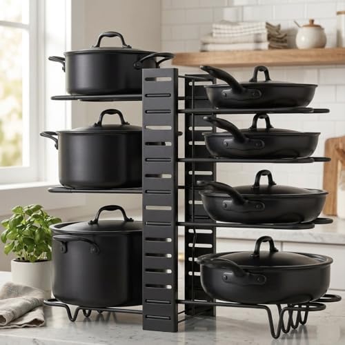 Image of 8 Tier Pot Organizers Rack with 3 DIY Methods, Adjustable Pan Organizer under Cabinet Kitchen Organization and Storage