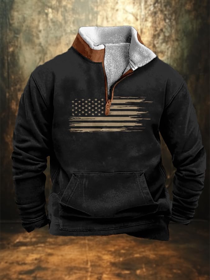 Patriotic Hoodies for Men American Flag Graphic Hoodie Fleece Mens Pullover 1/4 Zip Sweatshirts with Pockets - Image 2