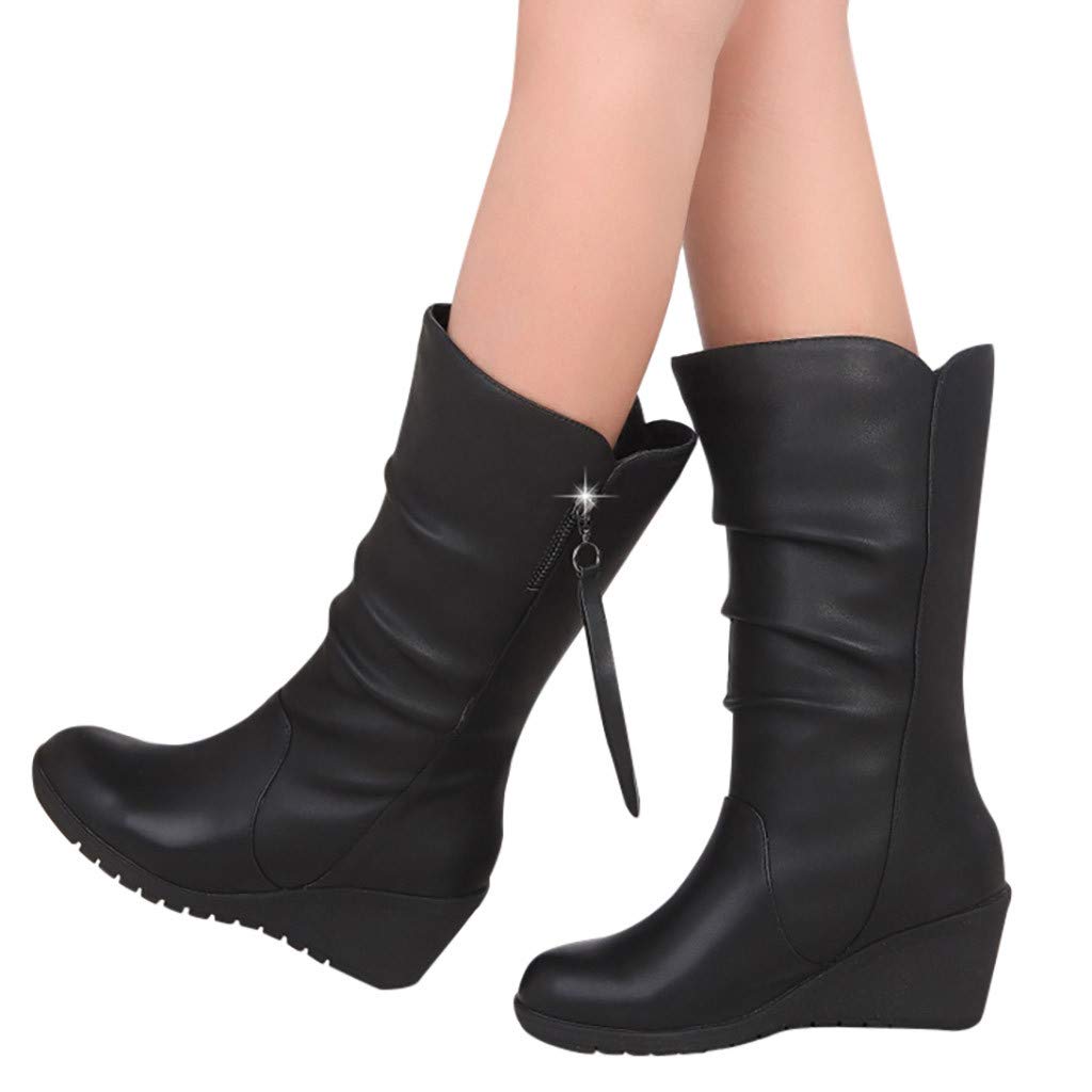 OBiQuzz Bottines pour femme - Noir - Tige courte - Talon compensé - Bottes western en cuir noir - Bottes de cheville - Bottes d'équitation pour femme - Bottes d'équitation - Bottes basses à enfiler