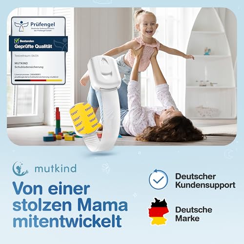 MUTKIND 10 Stück Kindersicherung Schrank - (Mit Kleber von TESA) Schranksicherung Baby - Längenverstellbar - Schubladensicherung Baby für Schränke, Kühlschrank, Tür - Kindersicherung Schubladen Weiß