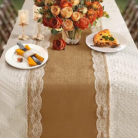 boyspringg Burlap Table Runner,Burlap and Lace Table Rrunner,12X108 Inches,Wedding Table Runners for Rustic Wedding Decorations( 1 Pack Table runner ) Cover