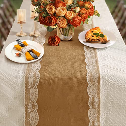 boyspringg Burlap Table Runner,Burlap and Lace Table Rrunner,12X108 Inches,Wedding Table