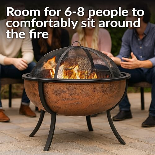 Sunnydaze 32-Inch Copper Fire Pit for Outside - Wood-Burning Fire Pit Bowl with Spark Screen, Wood Grate, and Poker - Image 5