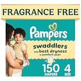 Pampers Swaddlers Diapers, Size 4 (15-34 lbs), 150 Count, Fragrance Free, Hypoallergenic, Absorbent, Pediatrician Recommended, Skin Safe