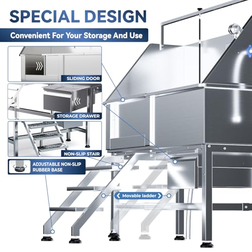 Image of 46 inch Dog Washing Station, Professional Stainless Steel Dog Bathtub w /Ramp & Storage Drawer, Adjustable Grate, Non-Slip Design, Perfect for Home Grooming & Large Dogs (46 inch Left Stair)