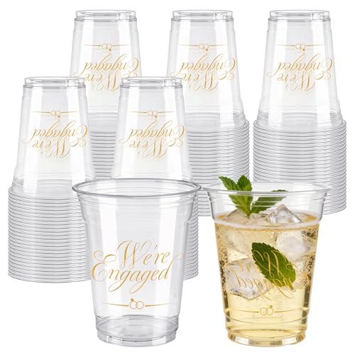 ARQRHTLY 50 PCS We’re Engaged Disposable Cups Engagement Party Supplies, 12 oz Clear Plastic Cold Drink Cup for Engagement Party, Bridal Shower, Bachelorette Wedding Drinkware We’re Engaged Decoration