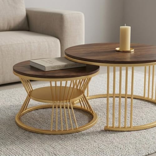 Image of Coffee Table, 20 inch Round Coffee Table Set of 2, Wooden Nesting Table with Metal Frame, Center Tables for Living Room Bedroom Balcony Bedside Table Gold Brown