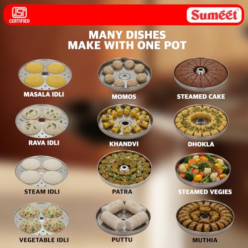 Image of Sumeet ISI Certified Stainless Steel Steamer Pot with Glass Lid, 4 LTR | Induction & Gas Compatible Multipurpose Pot, Includes 4 Idli Plates, 2 Dhokla /Patra, 2 Momo /Modak, Heavy Bottom, Stackable