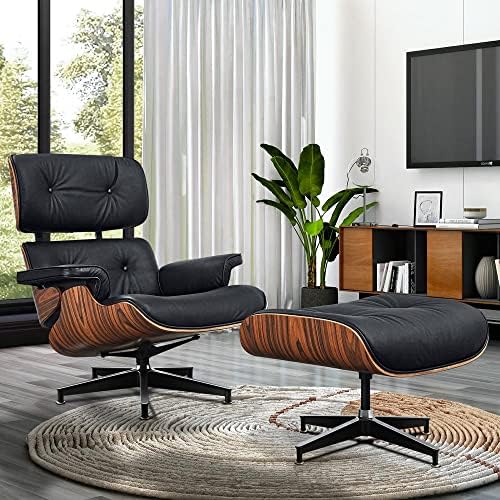 Taller Size Lounge Chair with Ottoman, Mid Century Lounge Chair with 8-Layer Solid Wood and Heavy Duty Aluminum Base for Living Room Study Lounge (Palisander and Black)