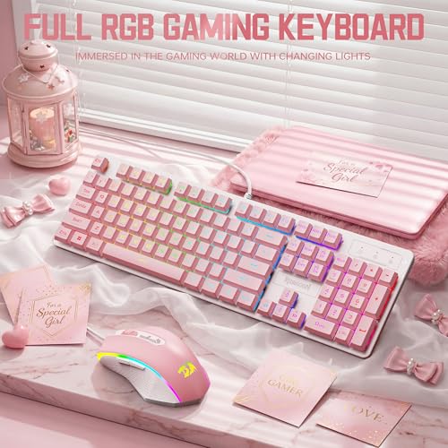 Image of Redragon Updated S107WP Gaming Keyboard and Mouse, RGB Gaming Keyboard and 10000 DPI Mouse Combo with 25-Key Anti-Ghosting, 1K Hz Programmable Mice with Software, Plug & Play to PC, Laptop - Pink