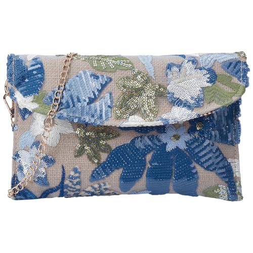 FREEBLOSS Clutch Geldbörse Für Damen Bestickte Florale Abendclutch Für Hochzeitsfeiern Bestickte Pailletten Perlen Umhängetasche Mit Goldener Kette (Musterposition Nicht Fixiert)