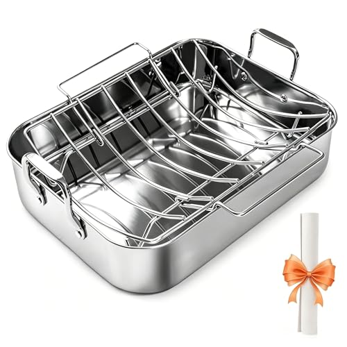 Roasting Pan with U-shape Rack,304 Stainless Steel Bakeware Tray Large Oven Roaster Tray for Baking Turkey,Beef Steak,Lamb Chops,Lemon Salmon,Chicken,Veggies,etc(Included Oil-absorbing Paper)
