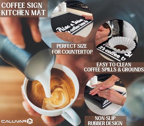 Rise and Shine It's Coffee Time Sign Silicone Bar Mat 18x12 in, Morning Person Gift, Non-Slip Espresso Machine Mat, Kitchen Station Decor, Funny Gift for Coffee Lovers by CALUVAR - Used condition - Image 2