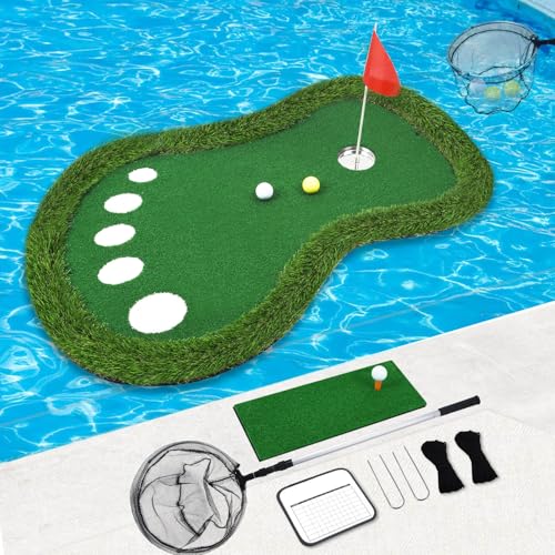 KEMLDIVS Floating Golf Green for Pool, Patented Pool Golf Game Floating Mat with Ball Retrieve Net/Scoreboard for Party & Training (Classic-35”×23”)