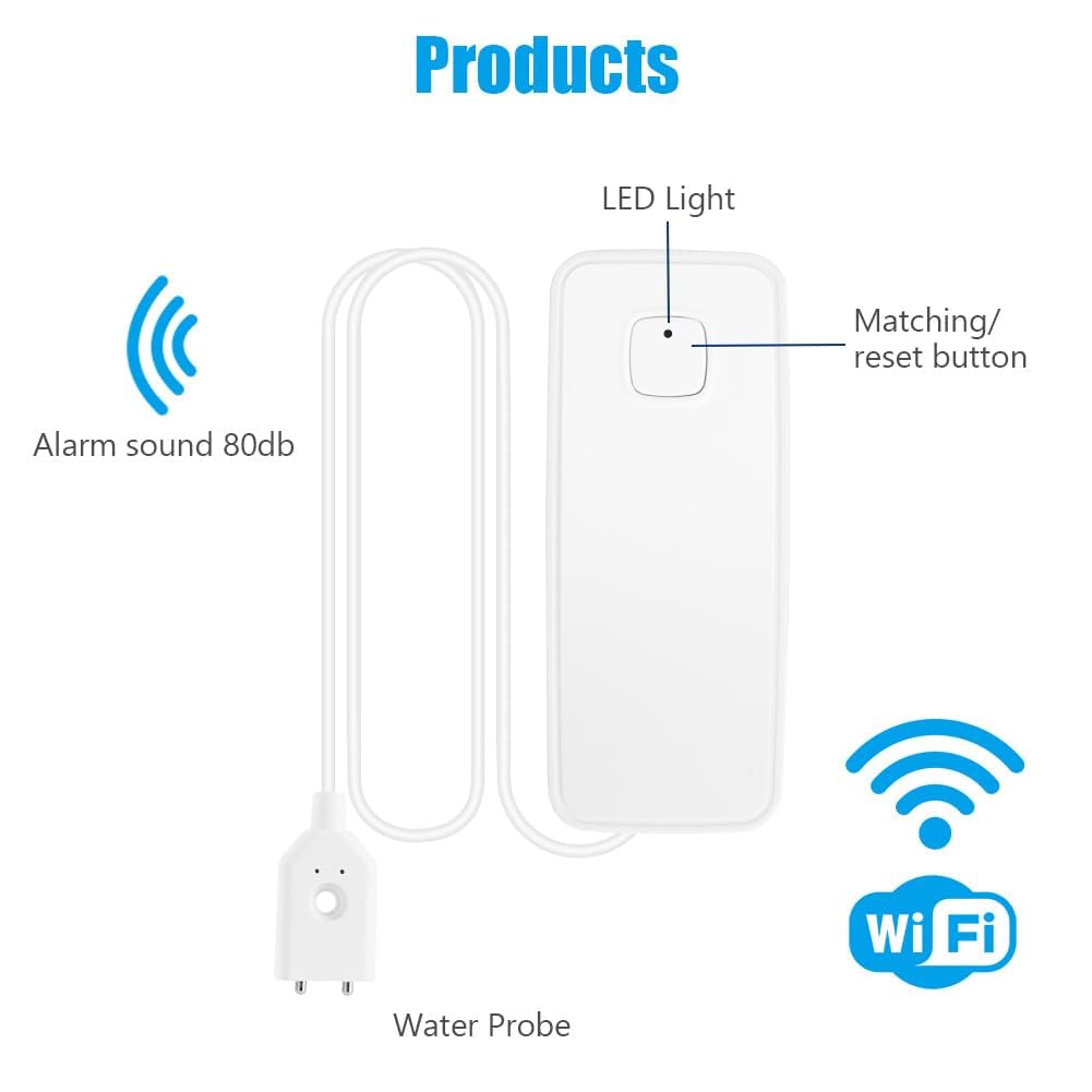 Flintronic Detektor wycieku wody Wi-Fi, inteligentny czujnik wycieku wody, alarm wody 80 dB z kablem wykrywającym 1 m, zdalne monitorowanie aplikacji, zasilanie baterią AAA, do kuchni, piwnicy,