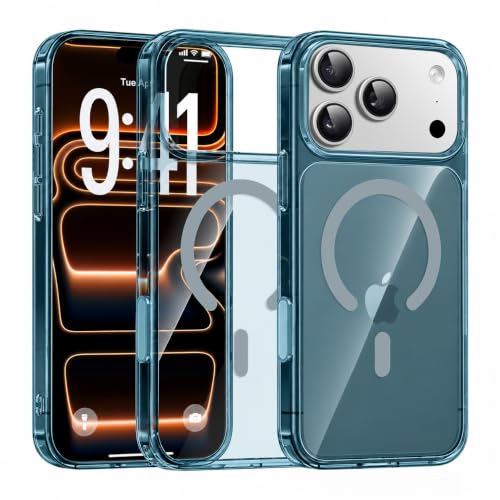 Image of Elzzi Anti Scratch Semi Translucent Cover for iPhone 17 Pro Case, Premium PC + TPU Magnetic Phone Cases Drop Proof, Compatible with Magsafe Slim Never Yellowing Shockproof - Blue