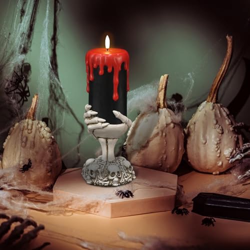 Image of Black Flameless Flickering Candles with Timer, Blood Dripping Wax Effect Battery Operated LED Pillar Candle with Skeleton Hand Candle Holder Halloween Table Centerpiece Decor(4 inch x 11 inch)