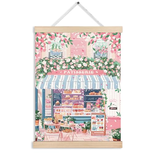 Fitie French Patisserie Café Parisian Bakery Wall Art, Bakery Decor, French Country Pink Aesthetic Canvas Wall Art Poster Hanger Frame For Cafe Dessert Shop Bakery Kitchen, 12X16 Inch