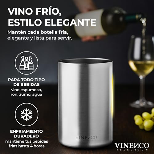 VINENCO Enfriador de Botellas de Vino Acero Inoxidable Doble Pared Aislado | Cubitera de Vino Champan y Bebidas | Set de Regalo para Hombres y Mujeres Accesorios de Vino Idea de Regalo Navidad - imagen 2