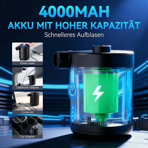 Elektrische Luftpumpe, 4000mAh Akku Pumpe mit 3 Düsen,Wiederaufladbare Luftpumpe,Schnellem Aufblasen/Entleeren für Camping,Luftmatratze,Schlauchboot,Planschbecken,Aufblasbare,Schwimmring (Schwarz)