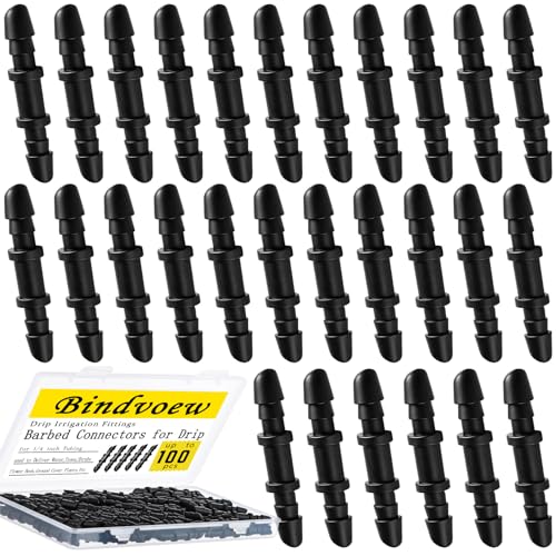 Bindvoew 100 pcs Drip Irrigation Fittings -Black Barbed Coupling Connectors for 1/4 Tubing Leak-Proof UV Resistant Plastic Kit for Garden Greenhouse Lawn Shrubs Raised Beds Trees