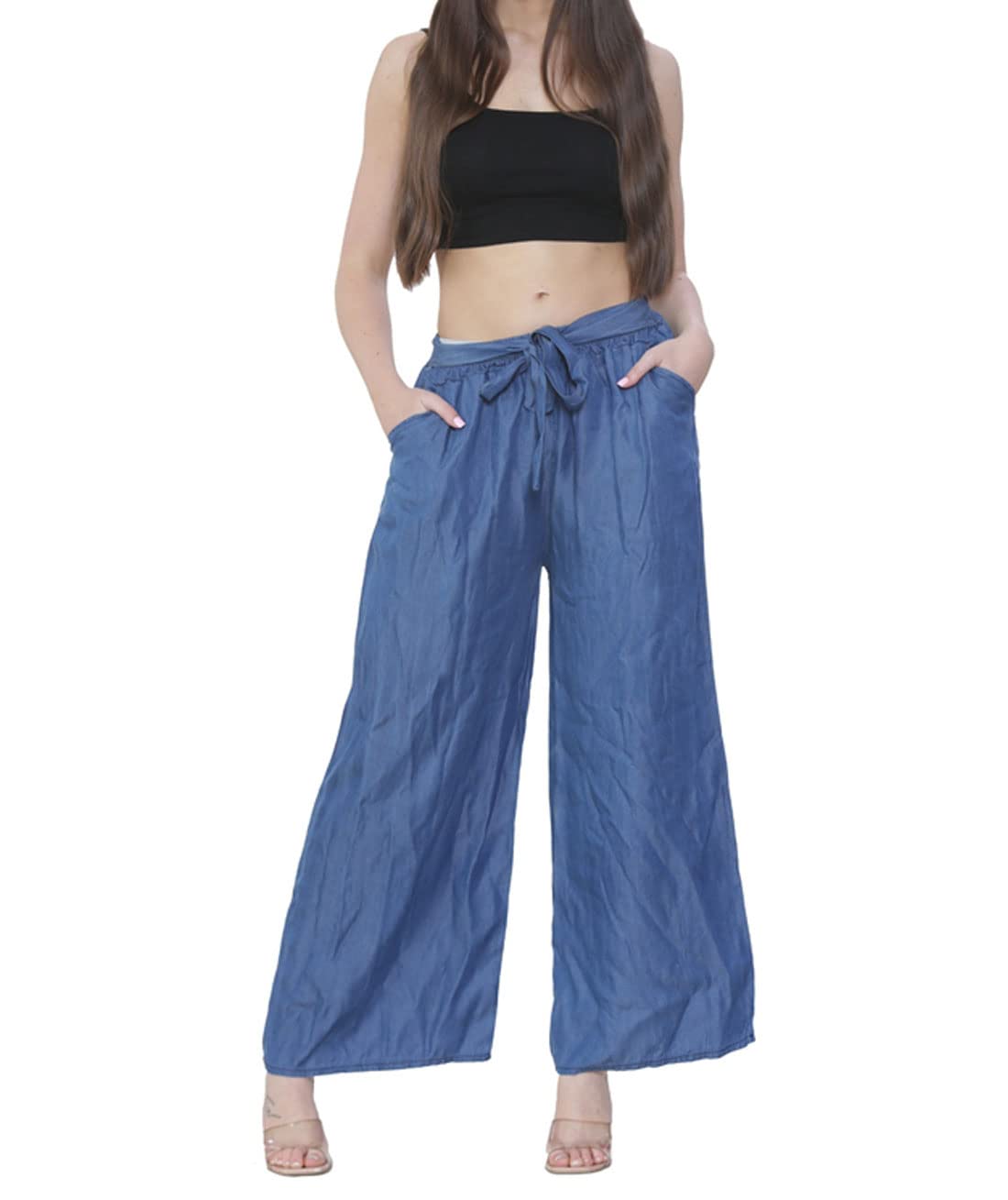 Fairy Trendz Women's Dark Denim Long Baggy Wide Leg Denim Palazzo Drawstring Trouser With Pockets