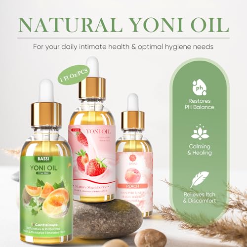 Image of BASSI 3 PCS Natural Yoni Oil for Women -Feminine Oil Vaginal Moisturizer - Reduces Odor, Restores pH Balance, Helps with Vaginal Itch, Herbal Yoni Blend with Strawberry Peach Hami Melon