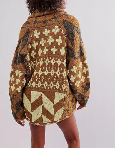 Image of Abstract Printed Lapel Knit Sweater for Women Geometric Graphic Vintage Cardigan Fall Loose Sweaters Outwear Coat
