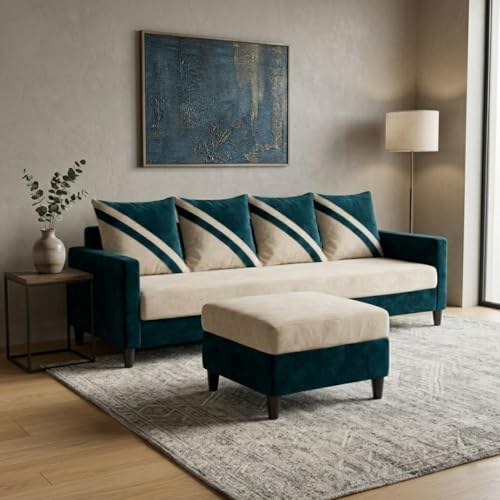 Image of SLEEPIFY Canza 4 Seater Sofa Set with Ottoman (Green Teal - Cream) | Premium Soft Velvet | Plush Comfort Cushions | Modern Living Room Sofa | Spacious Comfortable Seating