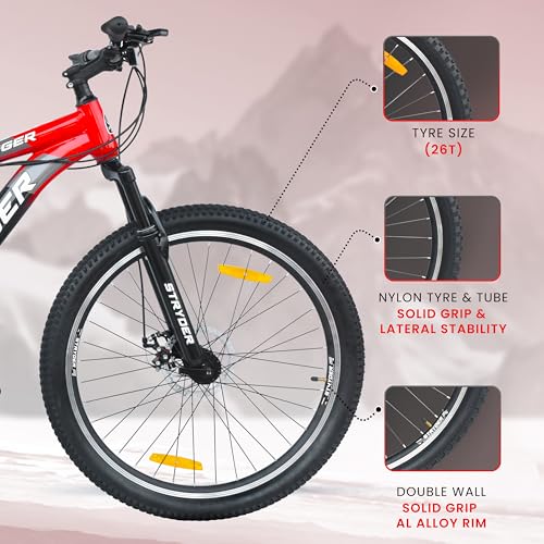 Image of Stryder 26T Krueger 21S Gear Mountain Cycle (Black-Teal Green) - 21-Speed | Front Suspension | Dual Disc Brakes | Steel Frame | Double Wall Alloy Rims | Unisex MTB Bicycle (Black::Red)