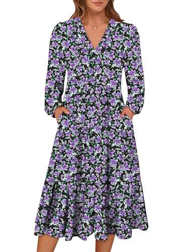 Image of ANRABESS Women's Long Lantern Sleeve Floral Midi Dresses 2026 Fall V Neck Casual Flowy A-line Tiered Boho Vacation Dress